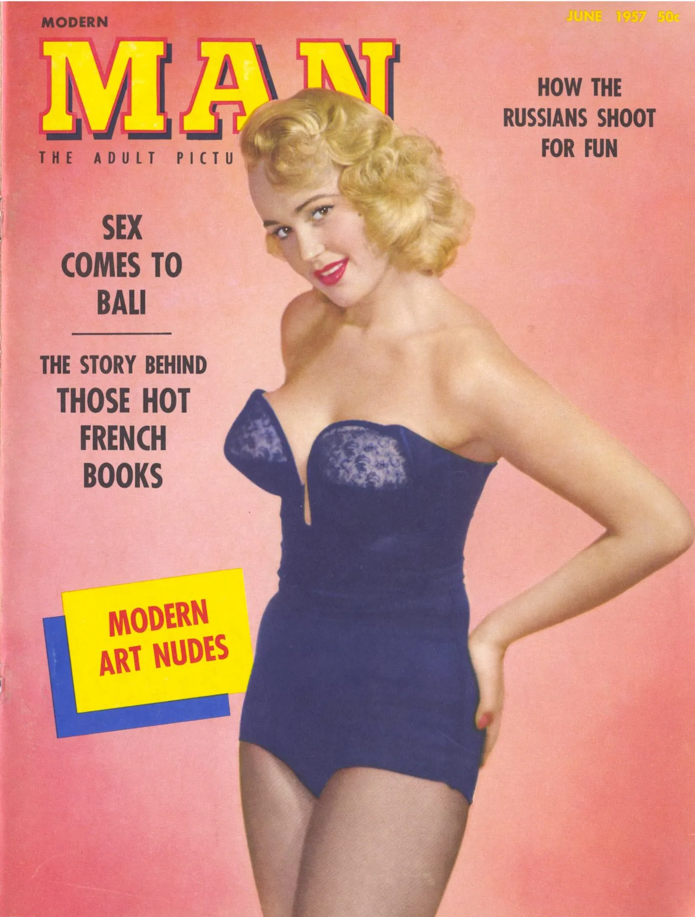 Cover of the June 1957 issue of Modern Man: a studio portrait of a blonde model in a navy strapless swimsuit against a pink seamless background, with black and yellow cover lines and the masthead in yellow block capitals.