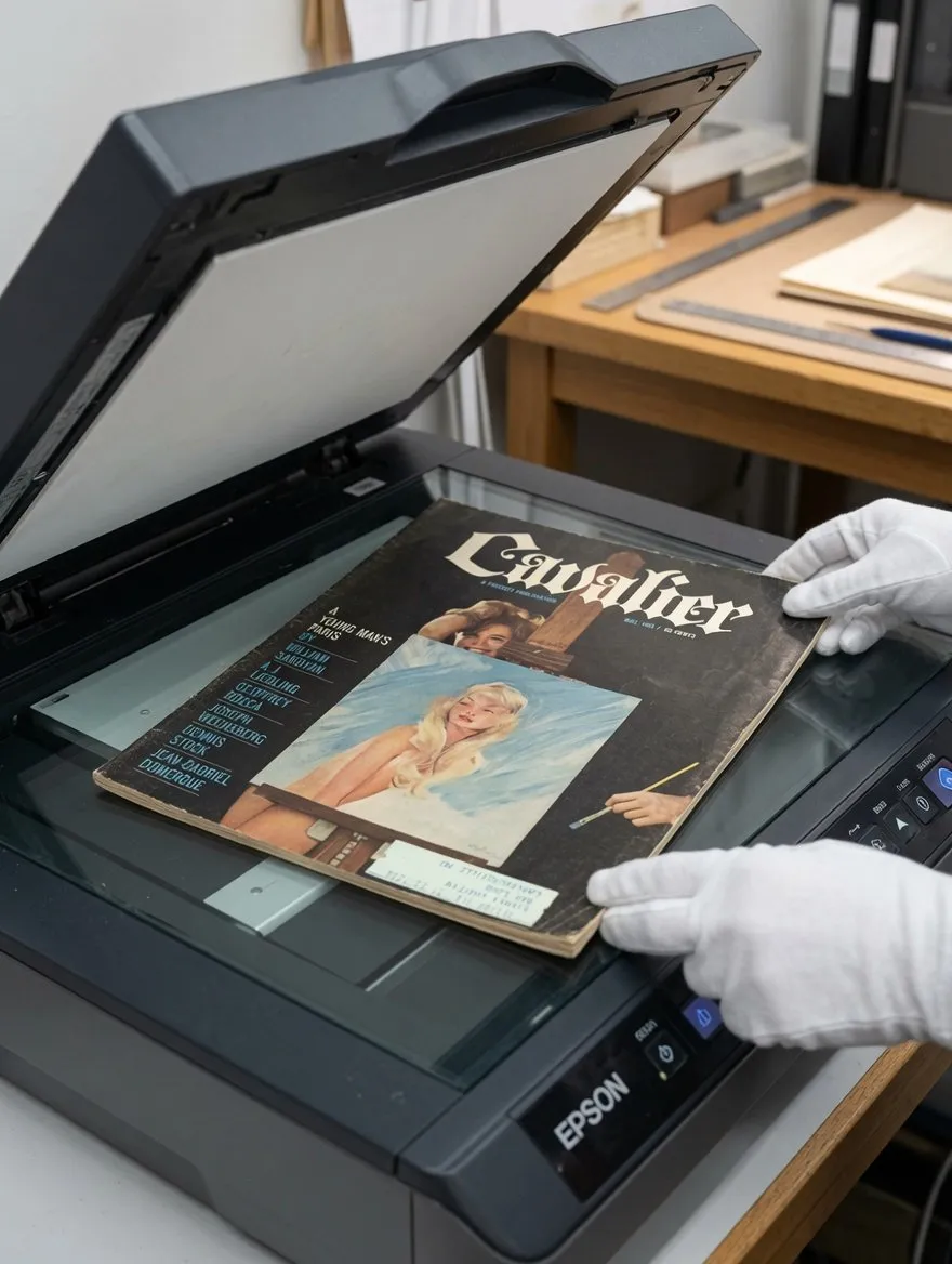 Illustration of a magazine being positioned on a flatbed scanner beside a work table holding archival boxes and rulers.